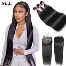 Meetu Brazilian Straight Hair Bundles with Closure 5x5 inch Human Hair Bundles with Closure 3 Bundles with Lace Closure Non Remy 2024 - buy cheap