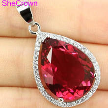 32x19mm SheCrown Jewelry Set Water Drop 20x15mm Created Raspberry Rhodolite Garnet CZ  For Ladies Silver Earrings Pendant 2024 - buy cheap