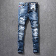Italian Style Fashion Men Jeans High Quality Retro Blue Ripped Denim Long Trousers Elastic Slim Fit Vintage Designer Pants Homme 2024 - buy cheap