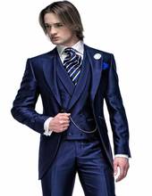 Темно-синий приталенный смокинг для жениха, пиковый нагрудный мужской свадебный костюм на одной пуговице, отличный мужской костюм из 3 предметов (пиджак + брюки + жилет) 2024 - купить недорого