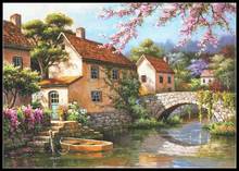 Embroidery Counted Cross Stitch Kits Needlework - Crafts 14 ct Aida DIY Arts Handmade Decor Oil painting - Country Village Canal 2024 - buy cheap