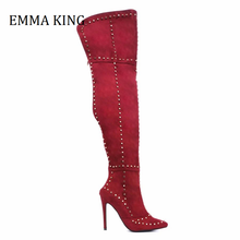 2020 Winter Women Studded Over The Knee High Boots Faux Suede Red Thigh High Boots Back Zipper Rivet Shoes Woman Botas De Mujer 2024 - buy cheap