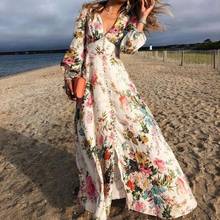 VAZN New 2021 Full Sleeve Summer Boho Floral Sexy V-neck Maxi Dresses Clothing Sexy Shinny Young Lady Dress 2024 - buy cheap