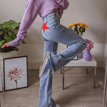 Pantalones vaqueros rectos de cintura alta para mujer, ropa de calle con parches de pentagrama, estética Y2K, Vintage, de pierna ancha, color azul 2024 - compra barato