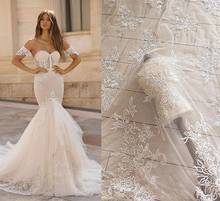 Nupcial lantejoulas tecido de renda marfim algodão floral bordado tule vestido de casamento tecido 1 jarda 2024 - compre barato