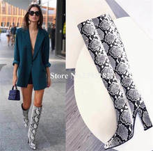 Newest Women Fashion Pointed Toe Snake Leather Knee High Chunky Heel Boots Half Zipper-up Long Thick High Heel Boots Dress Shoes 2024 - buy cheap