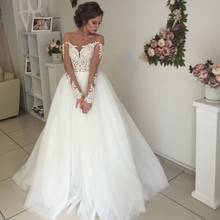 Vestido De Noiva Appliques Lace Illusion Sheer Scoop Neckline Long Sleeve Tulle Wedding Dresses 2024 - buy cheap