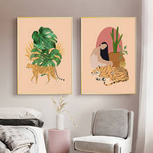 Pôster digital tigre e mulher cheetah monstera, pintura artística abstrata moderna boho para parede, pintura de tela, decoração para sala de estar 2024 - compre barato