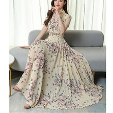2020 summer new fashion temperament romantic floral long V-neck short sleeve chiffon elegant big swing dress 2024 - buy cheap
