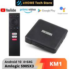 Mecool-tv box, km1, amlogic s905x3, android 10.0, 4g, 64g, 4k, s905x3, controle por voz, suporta youtube, 4k, wifi duplo 2024 - compre barato