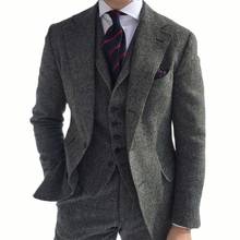 Grey Men's Winter Retro Groom Wear Wedding Suit Business Suit Party Suit Herringbone Pattern Tweed 3Pieces(Jacket+Pants+Vest) 2024 - купить недорого