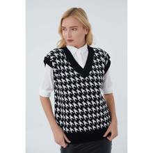 Women Houndstooth Vest Sweater Beige Black Goose Foot Casual V Neck Sleeveless Autumn Winter Jumper Knitted Pullover Loose Tops 2024 - buy cheap