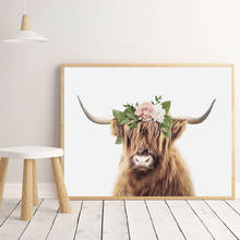 Highland Cow With Flower Crown Art Print Girls Nursery Wall Art Canvas Painting Farm Animal Cow Nordic Poster Living Room Decor 2024 - buy cheap