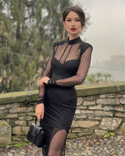 High Quality Vintage Black Side Split Evening Party Dresses Women Sexy O Neck Long Sleeve Lace Mesh transparent Evening Party Dr 2024 - buy cheap