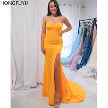 HONGFUYU Satin Mermaid Evening Dresses Sweetheart Neck Simple Formal Dresses Women Side Slit Prom Party Gowns Yellow Lange Jurk 2024 - buy cheap
