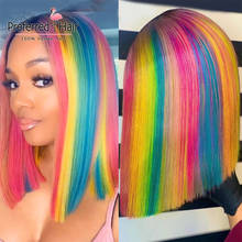 Favorito arco-íris bob peruca pré arrancadas iridescente frente do laço perucas de cabelo humano brasileiro remy colorido huamn perucas de cabelo para mulher 2024 - compre barato