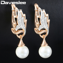 Davieslee Leaf Pearl Dangle Earrings for Women Paved Clear Cubic Zirconia 585 Rose Gold Filled DGE114 2024 - buy cheap
