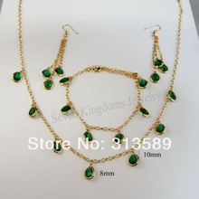 YELLOW GOLD GP OVERLAY HIGH SHINNING GREEN CZ STONE NECKLACE BRACELET EARRING WITH WATER DROP CHARM SET/GREAT GIFT/ 2024 - buy cheap