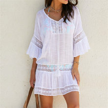 2019 Summer Bamboo Cotton Beachwear Dresses Women White Lace Patchwork Dresses Tunic Bohemian Dresses Vestidos Bikini Cover Up 2024 - buy cheap