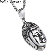 Vally men budista cabeça pingente colar de prata preto budismo colar de aço inoxidável para homens longa corrente colar de jóias 2024 - compre barato