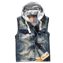 Men' Hooded Denim Vest Male Plus Size Casual Jeans Vest 2018 New High Quality Retro Sleeveless Denim Jacke 2024 - buy cheap