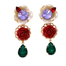 Retro Exaggerated Baroque Earrings for Women  Red Rose Flowers Earrings Green Crystal Pendant Women Party Jewelry Gifts 2024 - buy cheap