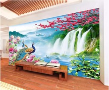 Papel de parede foto personalizada 3d pavão, montanha cascata água paisagem da sala de estar 3d mural de parede para paredes 3 d 2024 - compre barato