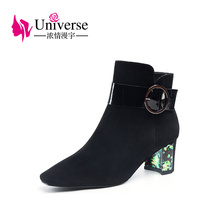 Universo chico gamuza moda tobillo botas Otoño Invierno negro zip metal decoración redondo punta redonda tacones altos botas calientes 2018 h226 2024 - compra barato