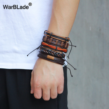 WarBLade DIY 4pcs/Set Genuine Leather Bracelet Men Vintage Charm Multilayer Braided Bracelets Bangle Male Punk Wrap Wristband 2024 - buy cheap