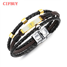 CIFBUY Multilayer Cross & Bible Bracelet For Men Brown Leather Gold Color Handmade Braided Rope Male Jewelry Gift PH1220 2024 - buy cheap