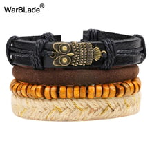 WarBLade multicapa Vintage de cuero trenzado búho pulseras pulsera con cuentas de madera brazalete Punk Wrap pulsera para hombres, joyería de las mujeres 2024 - compra barato