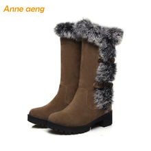 Botas de Inverno quente Mid-Calf com pele de coelho de pelúcia plataforma mulheres sapatos casuais Meio palmilha calcanhar quadrado Preto Das Mulheres Sapatos de inverno 2024 - compre barato