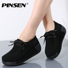 PINSEN 2020 Winter Women Flats Platform Shoes Suede Leather Lace up women Moccasins Creepers slipony Female Casual Shoes Ladies 2024 - buy cheap