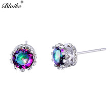 Blaike 8MM Round Mystic Fire Rainbow Zircon Crown Stud Earrings For Women Silver Color Colorful Birthstone Earring 2024 - buy cheap