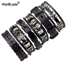 WarBLade 6pcs/Set Black Men Genuine Leather Bracelet Vintage Skull Braided Bracelets Bangle Punk Wrap Wristband For Male Jewelry 2024 - buy cheap