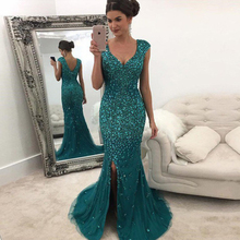 Elegant Green Evening Dress long 2020 Sweep Train Beading V Neck robe de soiree Side Slit Mermaid Long Formal Dress 2024 - buy cheap