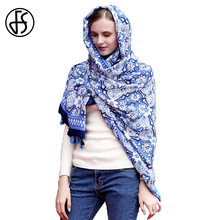 FS Blue White Geometric Print Long Shawl Scarf Bandana Scarves Women 2018 Autumn Winter Brand Echarpe Ladies Silk Satin Pashmina 2024 - buy cheap