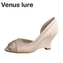 Venus lure-zapatos de boda hechos a mano para mujer, calzado de encaje marfil con cuña y Punta abierta 2024 - compra barato