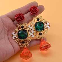2018 New Baroque Hollow Gold Round Earrings Ceramic Flower Rhinestone drop Earrings Model catwalk earrings 2024 - buy cheap
