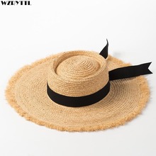 Natural  Raffia Hats Women Girl Summer Wide Brim Beach Hat Black Band Ribbon Straw Hat Lady Derby Panama Sun Visor Cap 2024 - buy cheap