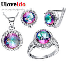 Uloveido Rainbow Wedding Bridal Jewelry Sets for Women Silver Color Crystal Ring Earrings Necklace Jewelry Set Wholesale T484 2024 - buy cheap
