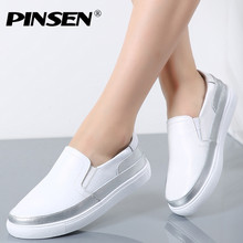 PINSEN 2020 Autumn Women Casual Flats Shoes Female Slip-on Creepers Platform Shoes Woman Genuine Leather White Loafers Shoes 2024 - buy cheap