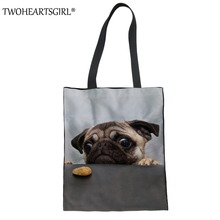 TWOHEARTSGIRL-Bolso de lona con estampado 3D de perro Pug para mujer, bolsa de mano de gran capacidad, para viaje y playa 2024 - compra barato