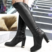 ORCHA LISA Women Winter Thick Fur Knee High Heel PU Leather Boots Zipper Snow Boot Long Chunky Heels Botas Feminina Black Brown 2024 - buy cheap