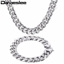 Davieslee-Conjunto de collar y pulsera de acero inoxidable para hombre, joyería pulida, cadena de eslabones cubanos, Color plateado, 316L, DHS43 2024 - compra barato