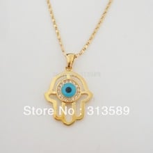 YELLOW GOLD COLOR OVERLAY 24" LINK NECKLACE & EVIL EYE HAND HASMA CZ STONE PENDANT 2024 - buy cheap