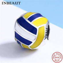 Pingente de contas de voleibol 925, adorável, prata esterlina azul amarelo, esportivo, bola, cabe na europa, pulseira para meninas pequenas, fabricação de joias 2024 - compre barato