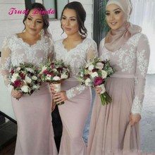 Robe Longue Demoiselle D'honneur Arabic Bridesmaids Dresses V Neck Floor Length Appliques Long Sleeve Bridesmaid Dress 2024 - buy cheap