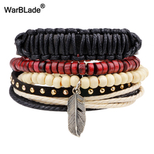 Warblade moda 4 pçs/set punk genuíno wrap pulseiras de couro masculino charme contas de madeira pulseiras de punho para as mulheres jóias 2024 - compre barato