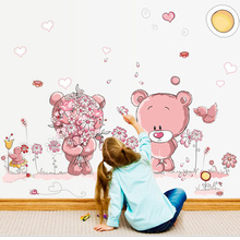 Наклейка на стену с розовым медведем для детской комнаты, украшение на окно, наклейка на стену, обои для домашнего украшения, Настенная Наклейка на стену для детского душа 2024 - купить недорого